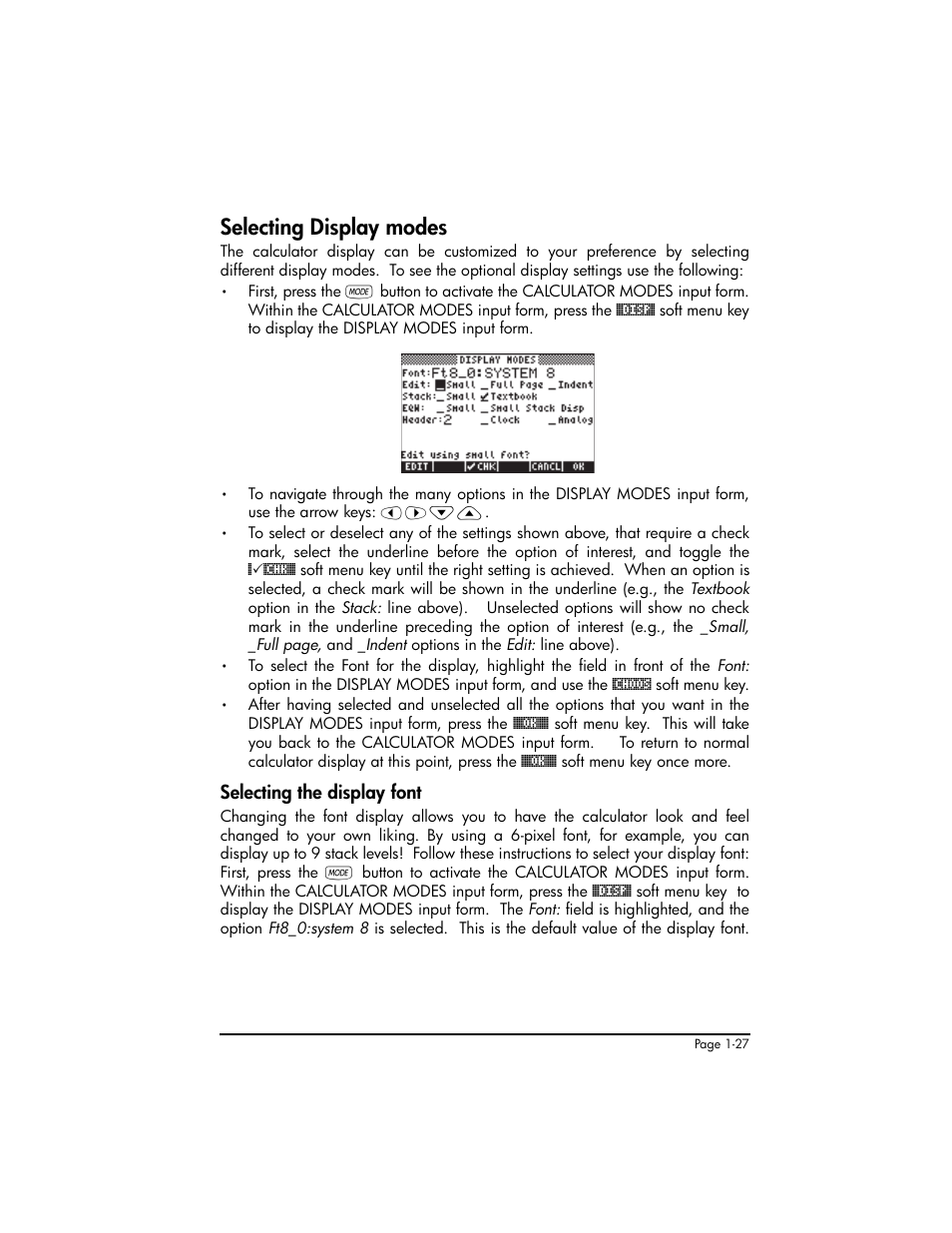 Selecting display modes, Selecting the display font, Selecting display modes ,1-27 | Selecting the display font ,1-27 | HP 50g Graphing Calculator User Manual | Page 56 / 887