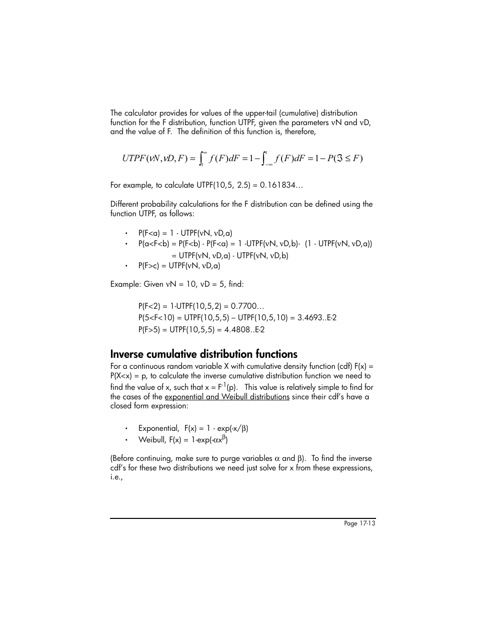Inverse cumulative distribution functions, Inverse cumulative distribution functions ,17-13 | HP 50g Graphing Calculator User Manual | Page 562 / 887