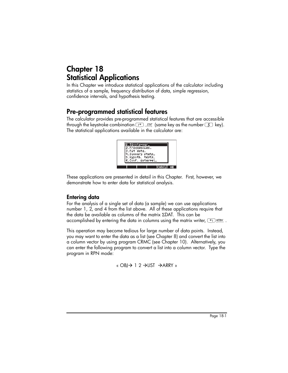 Chapter 18 statistical applications, Pre-programmed statistical features, Entering data | Chapter 18 - statistical applications ,18-1, Pre-programmed statistical features ,18-1, Entering data ,18-1 | HP 50g Graphing Calculator User Manual | Page 568 / 887