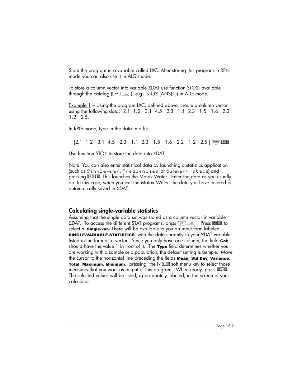Calculating single-variable statistics, Calculating single-variable statistics ,18-2 | HP 50g Graphing Calculator User Manual | Page 569 / 887