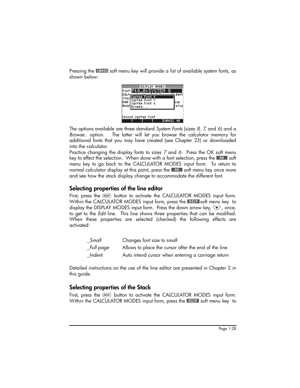 Selecting properties of the line editor, Selecting properties of the stack | HP 50g Graphing Calculator User Manual | Page 57 / 887