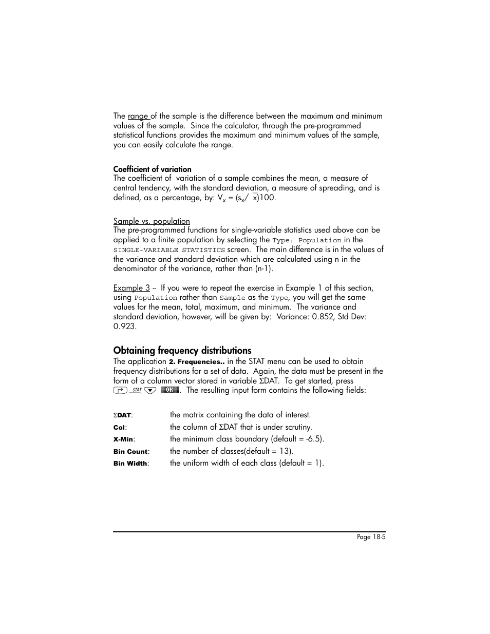 Obtaining frequency distributions, Obtaining frequency distributions ,18-5 | HP 50g Graphing Calculator User Manual | Page 572 / 887