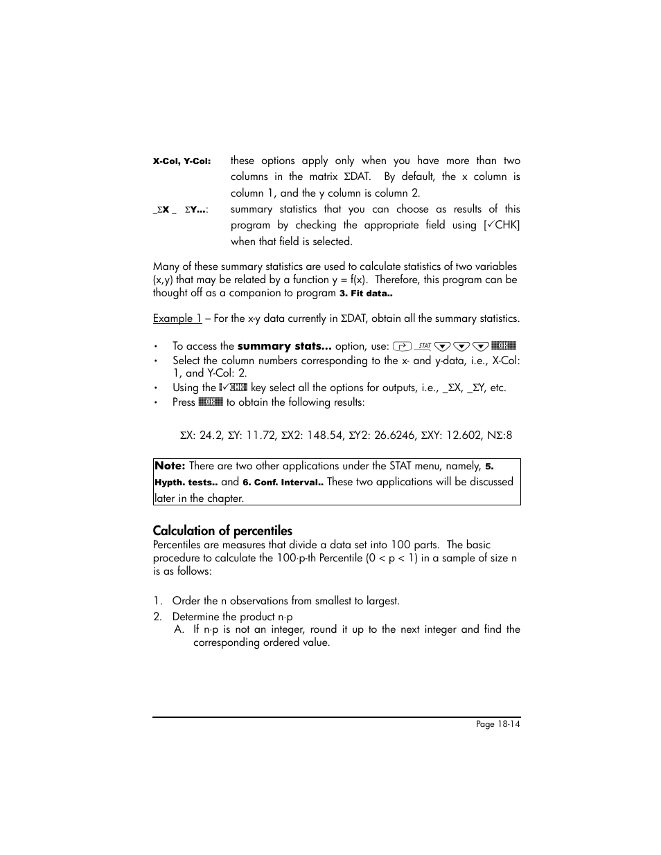 Calculation of percentiles, Calculation of percentiles ,18-14 | HP 50g Graphing Calculator User Manual | Page 581 / 887