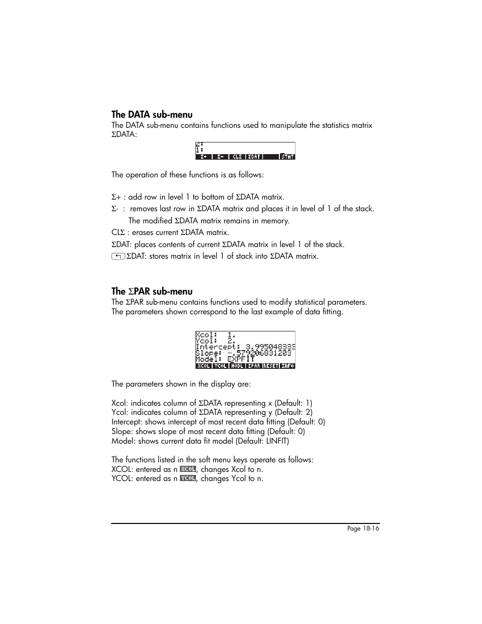 The data sub-menu, The spar sub-menu, The data sub-menu ,18-16 the | Σpar sub-menu ,18-16 | HP 50g Graphing Calculator User Manual | Page 583 / 887