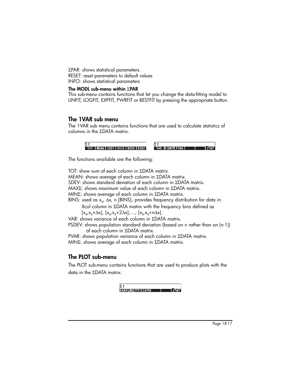 The 1var sub menu, The plot sub-menu, The 1var sub menu ,18-17 the plot sub-menu ,18-17 | HP 50g Graphing Calculator User Manual | Page 584 / 887