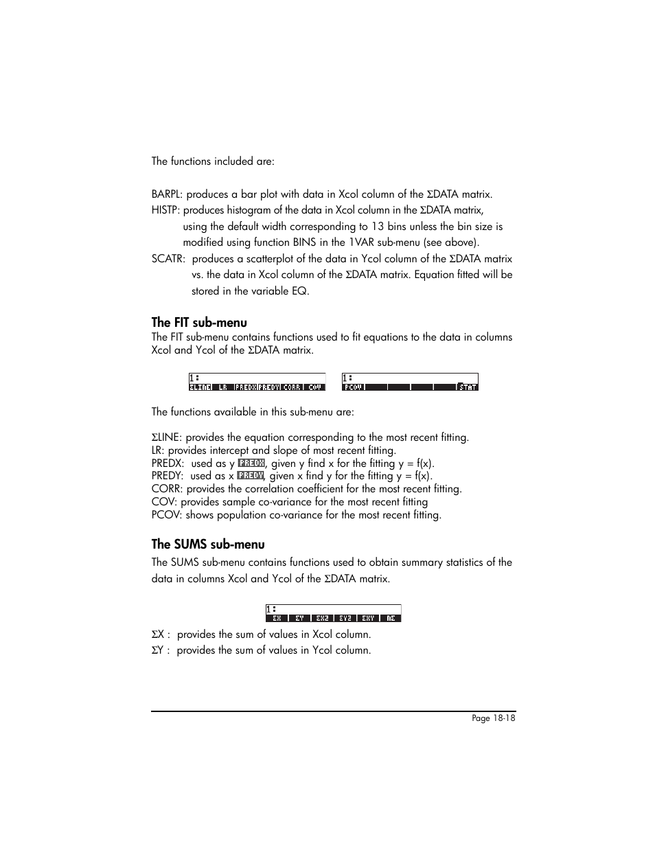 The fit sub-menu, The sums sub-menu, The fit sub-menu ,18-18 the sums sub-menu ,18-18 | HP 50g Graphing Calculator User Manual | Page 585 / 887