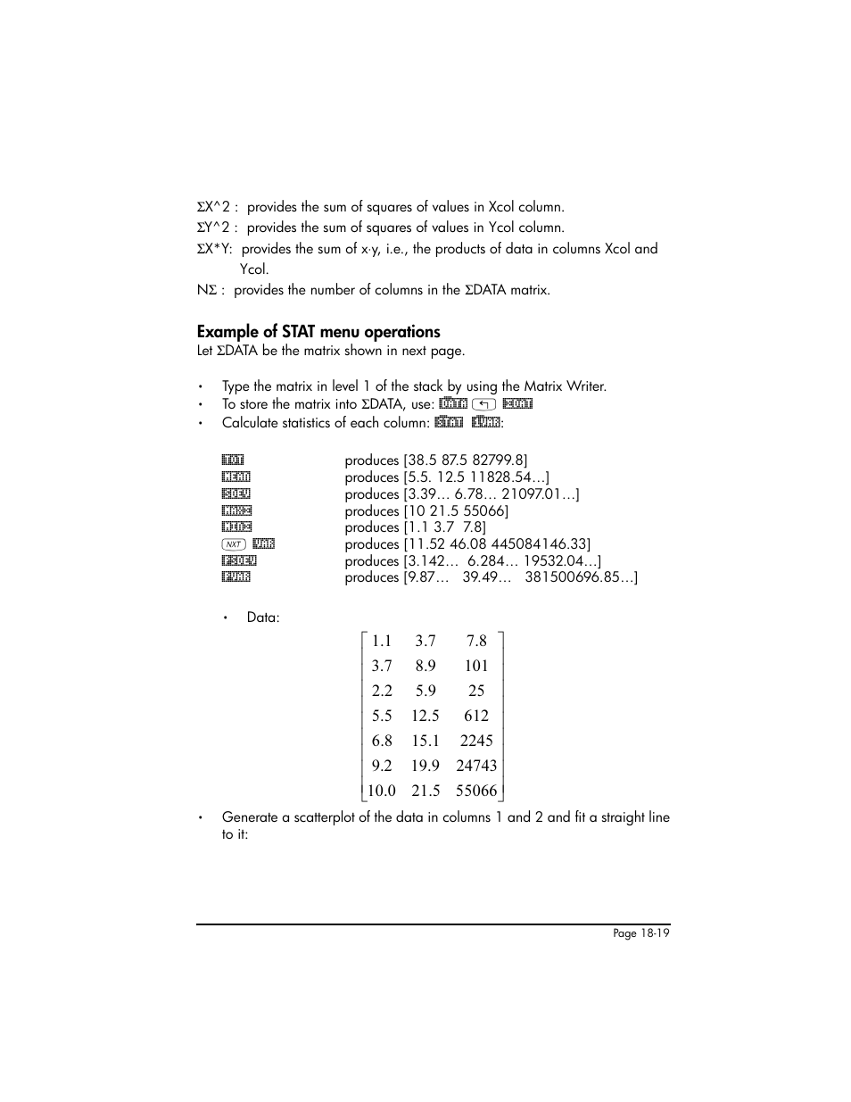 Example of stat menu operations, Example of stat menu operations ,18-19 | HP 50g Graphing Calculator User Manual | Page 586 / 887