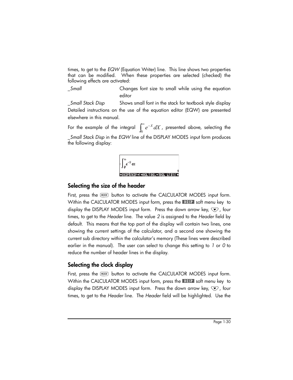 Selecting the size of the header, Selecting the clock display | HP 50g Graphing Calculator User Manual | Page 59 / 887