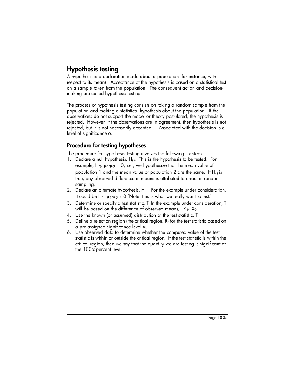 Hypothesis testing, Procedure for testing hypotheses, Hypothesis testing ,18-35 | Procedure for testing hypotheses ,18-35 | HP 50g Graphing Calculator User Manual | Page 602 / 887