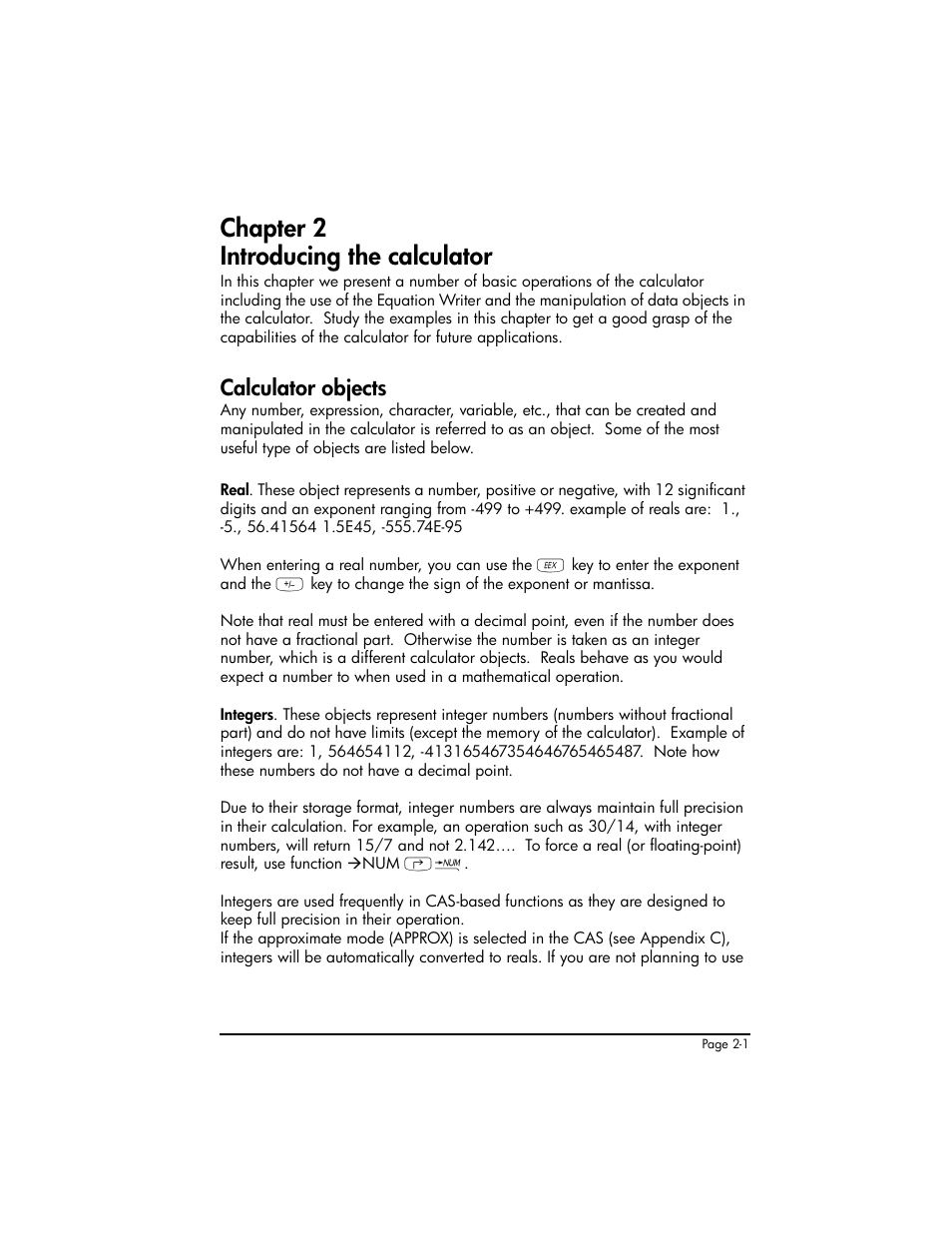 Chapter 2 introducing the calculator, Calculator objects, Chapter 2 - introducing the calculator ,2-1 | Calculator objects ,2-1 | HP 50g Graphing Calculator User Manual | Page 61 / 887