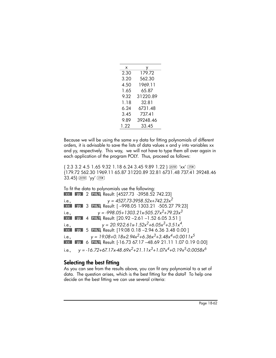 Selecting the best fitting, Selecting the best fitting ,18-62 | HP 50g Graphing Calculator User Manual | Page 629 / 887