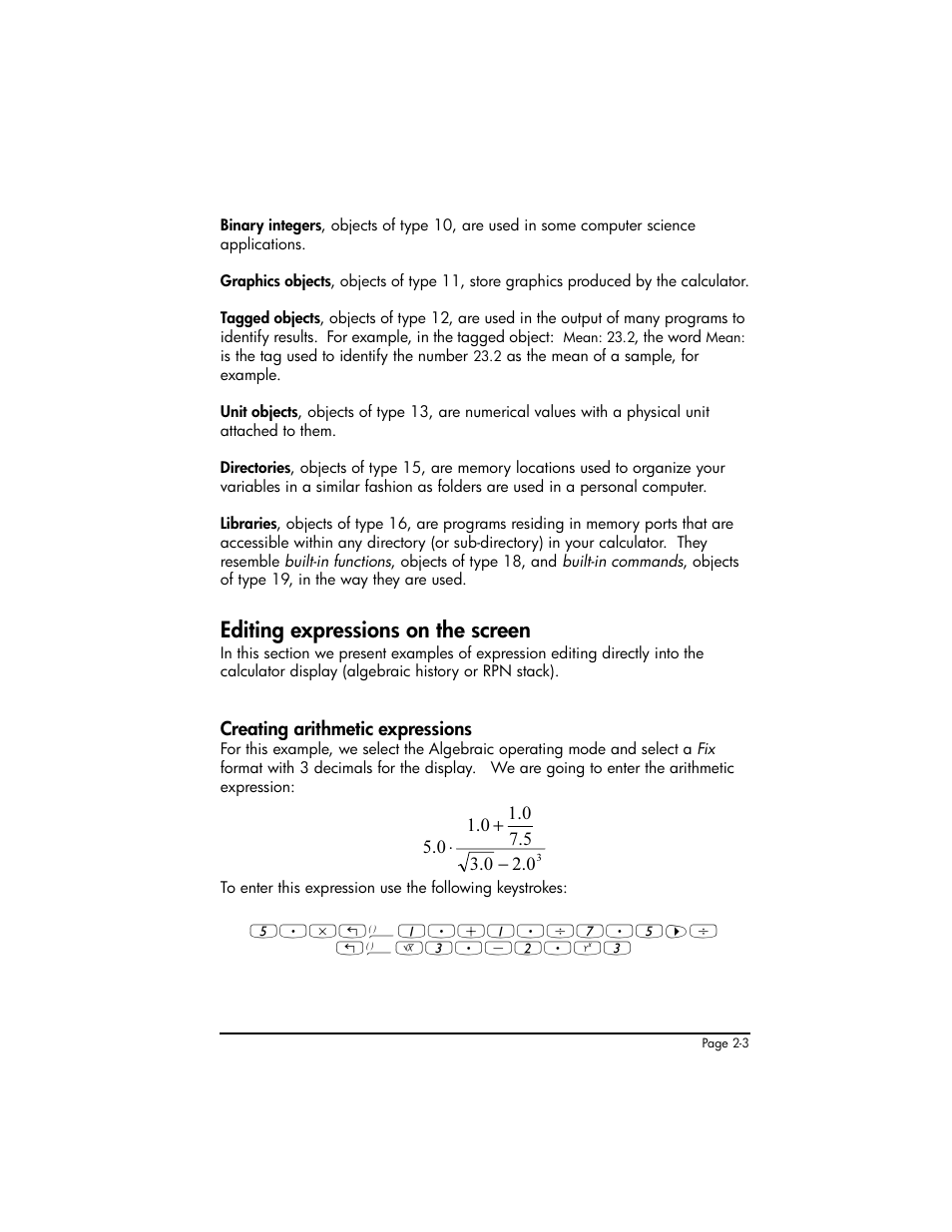Editing expressions on the screen, Creating arithmetic expressions, Editing expressions on the screen ,2-3 | Creating arithmetic expressions ,2-3 | HP 50g Graphing Calculator User Manual | Page 63 / 887