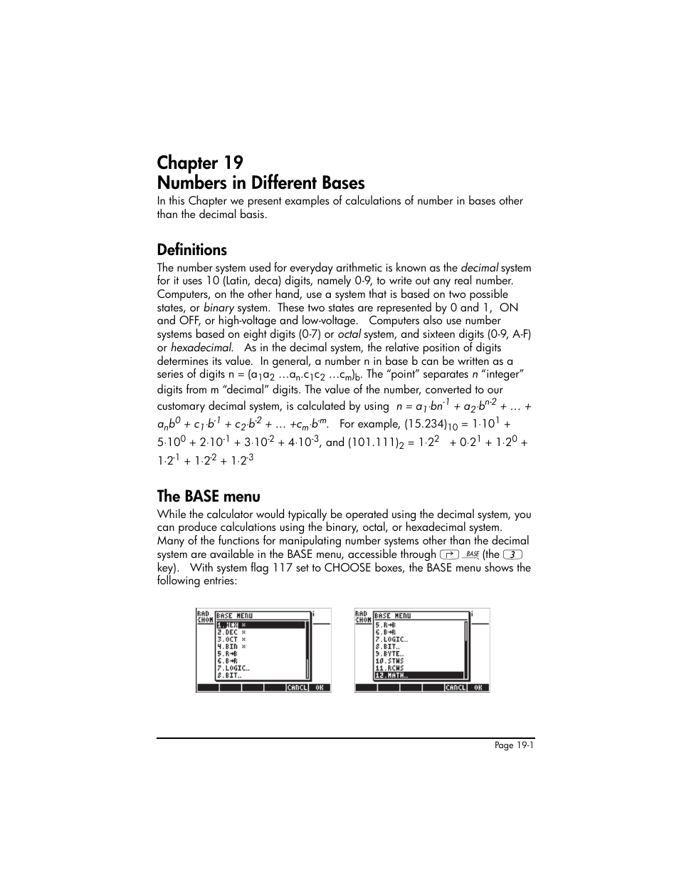 Chapter 19 numbers in different bases, Definitions, The base menu | Chapter 19 - numbers in different bases ,19-1, Definitions ,19-1 the base menu ,19-1 | HP 50g Graphing Calculator User Manual | Page 633 / 887