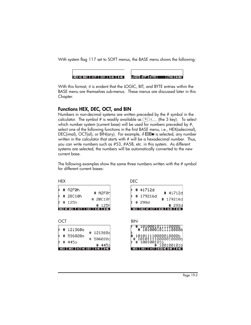Functions hex, dec, oct, and bin, Functions hex, dec, oct, and bin ,19-2 | HP 50g Graphing Calculator User Manual | Page 634 / 887