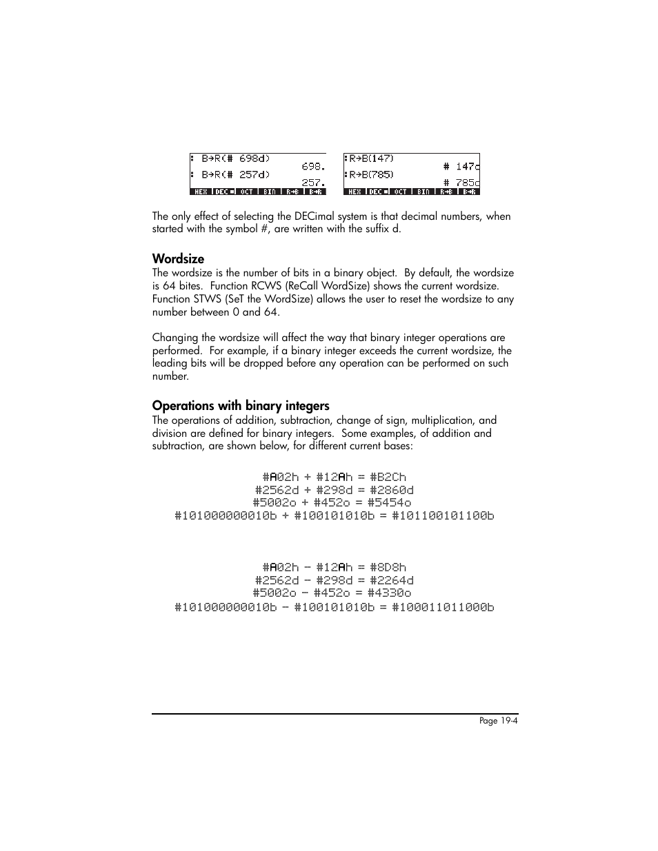 Wordsize, Operations with binary integers | HP 50g Graphing Calculator User Manual | Page 636 / 887