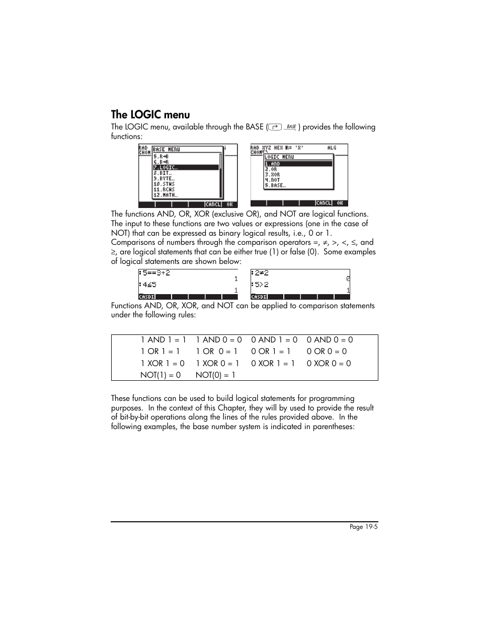 The logic menu, The logic menu ,19-5 | HP 50g Graphing Calculator User Manual | Page 637 / 887