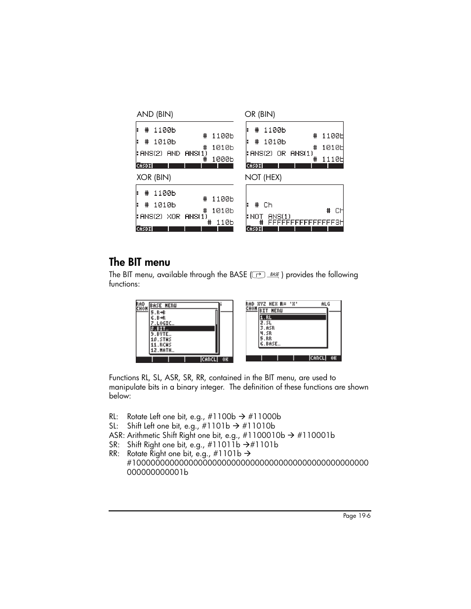 The bit menu, The bit menu ,19-6 | HP 50g Graphing Calculator User Manual | Page 638 / 887