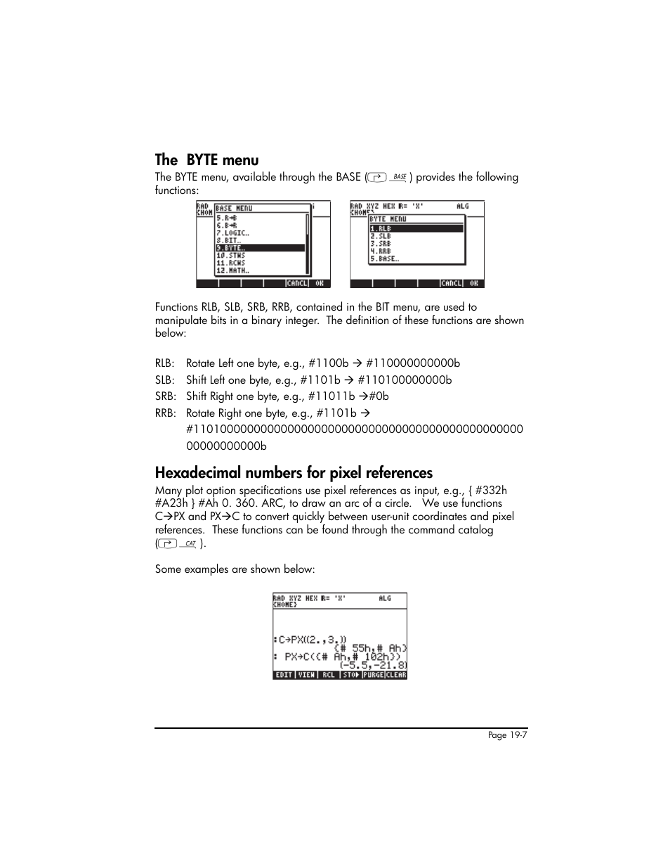 The byte menu, Hexadecimal numbers for pixel references | HP 50g Graphing Calculator User Manual | Page 639 / 887
