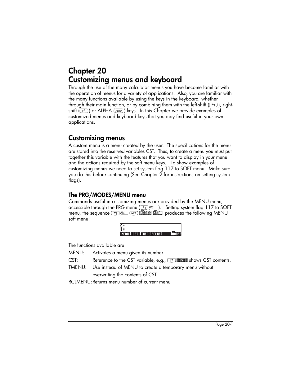 Chapter 20 customizing menus and keyboard, Customizing menus, The prg/modes/menu menu | Chapter 20 - customizing menus and keyboard ,20-1, Customizing menus ,20-1, The prg/modes/menu menu ,20-1 | HP 50g Graphing Calculator User Manual | Page 640 / 887