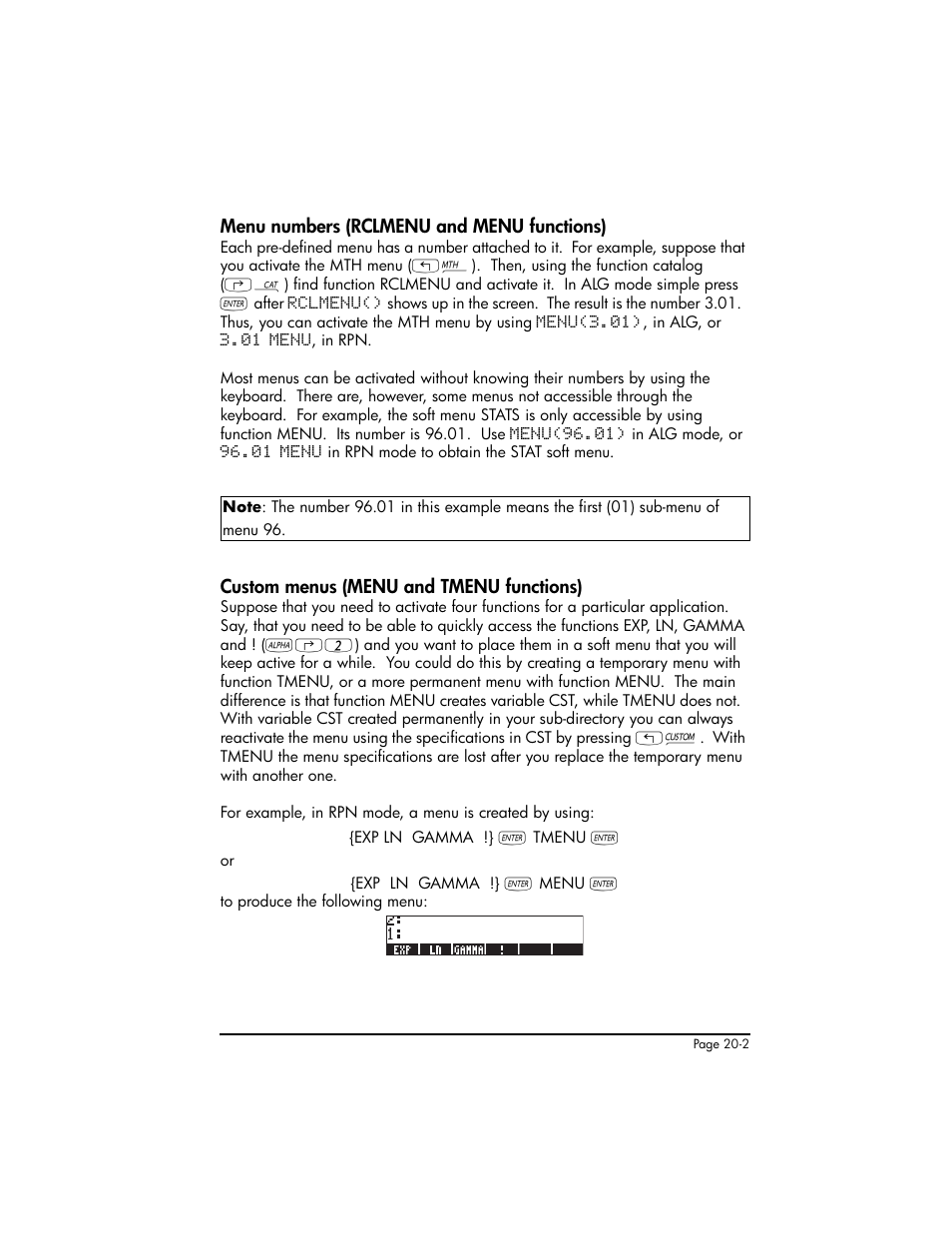Menu numbers (rclmenu and menu functions), Custom menus (menu and tmenu functions), Menu numbers (rclmenu and menu functions) ,20-2 | Custom menus (menu and tmenu functions) ,20-2 | HP 50g Graphing Calculator User Manual | Page 641 / 887