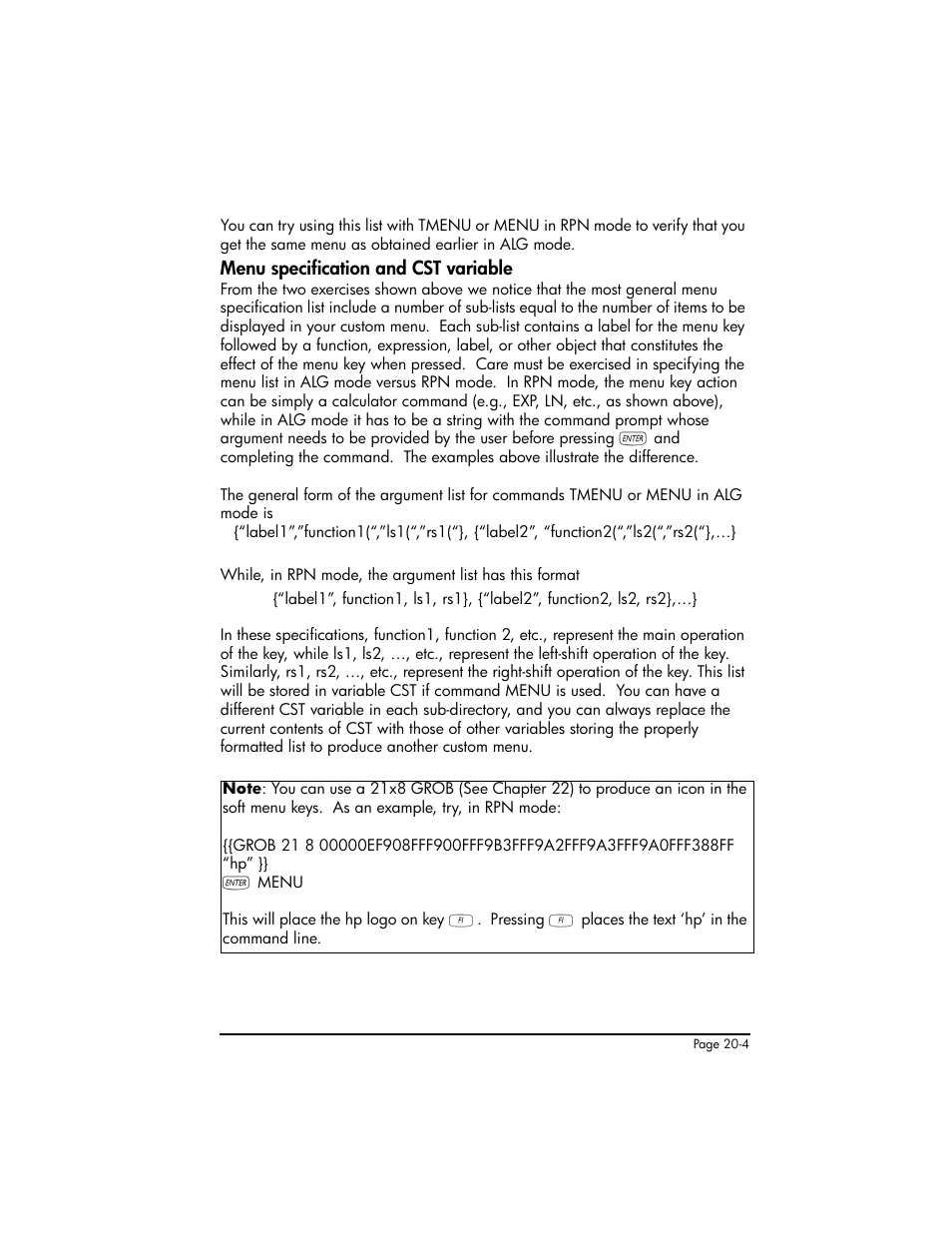 Menu specification and cst variable, Menu specification and cst variable ,20-4 | HP 50g Graphing Calculator User Manual | Page 643 / 887