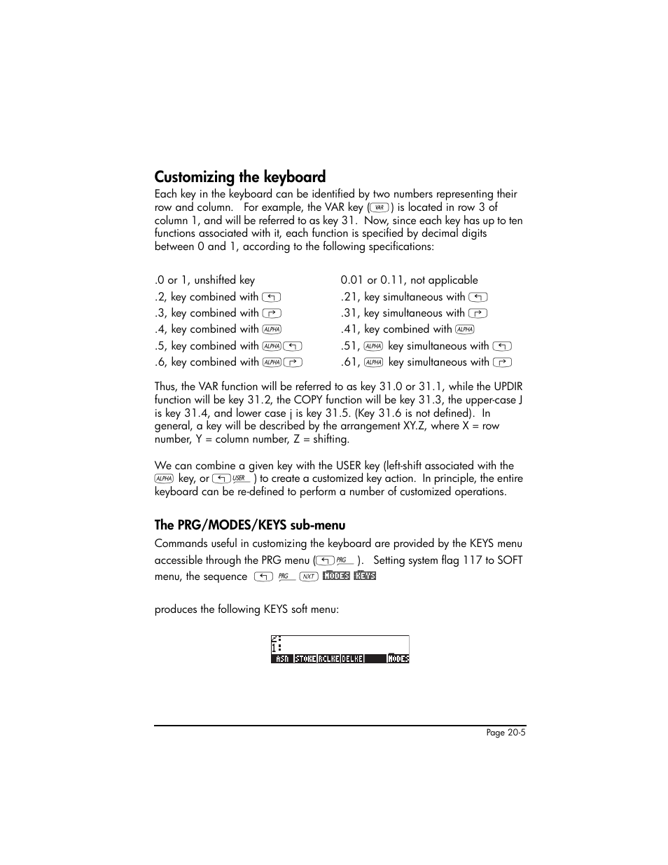 Customizing the keyboard, The prg/modes/keys sub-menu, Customizing the keyboard ,20-5 | The prg/modes/keys sub-menu ,20-5 | HP 50g Graphing Calculator User Manual | Page 644 / 887