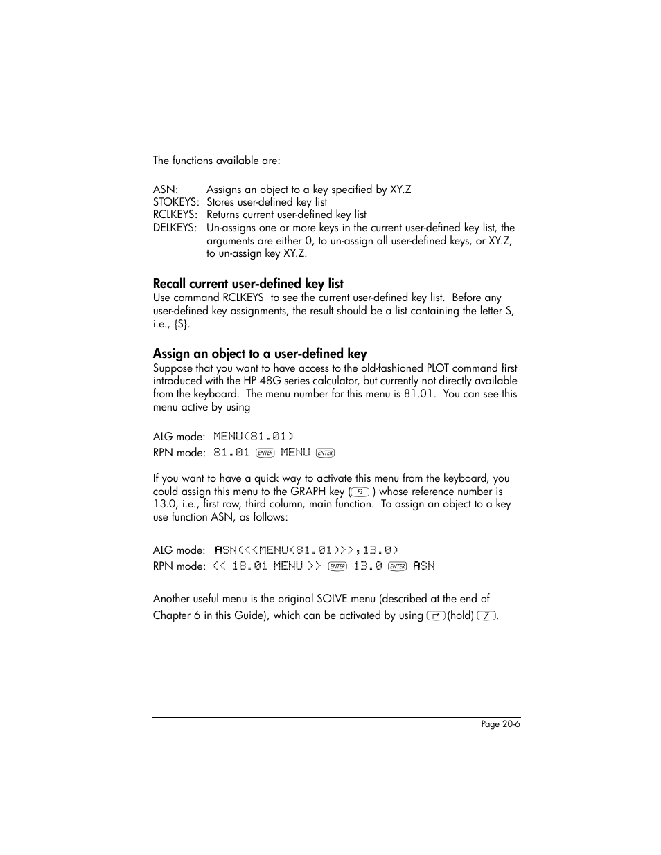 Recall current user-defined key list, Assign an object to a user-defined key | HP 50g Graphing Calculator User Manual | Page 645 / 887