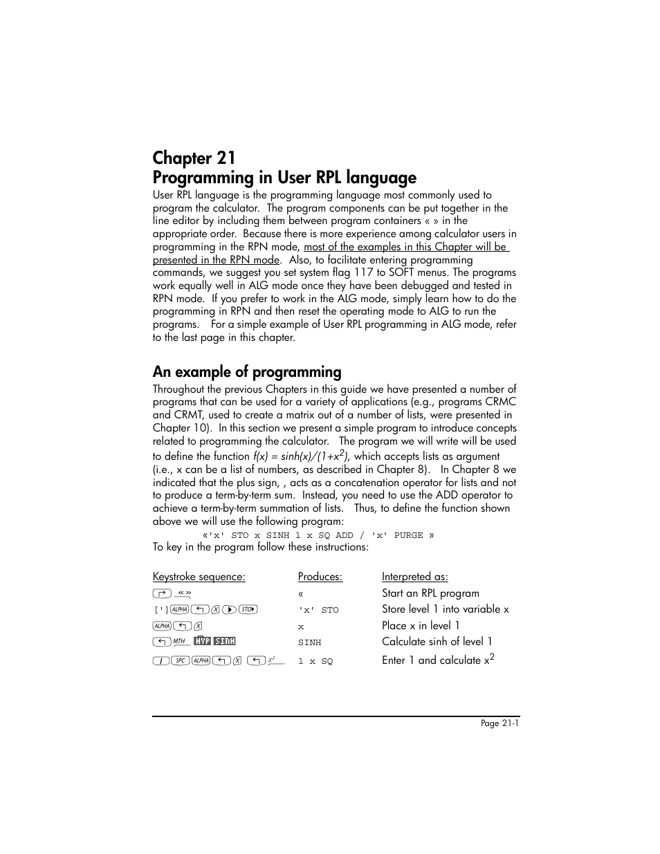 Chapter 21 programming in user rpl language, An example of programming, An example of programming ,21-1 | HP 50g Graphing Calculator User Manual | Page 648 / 887