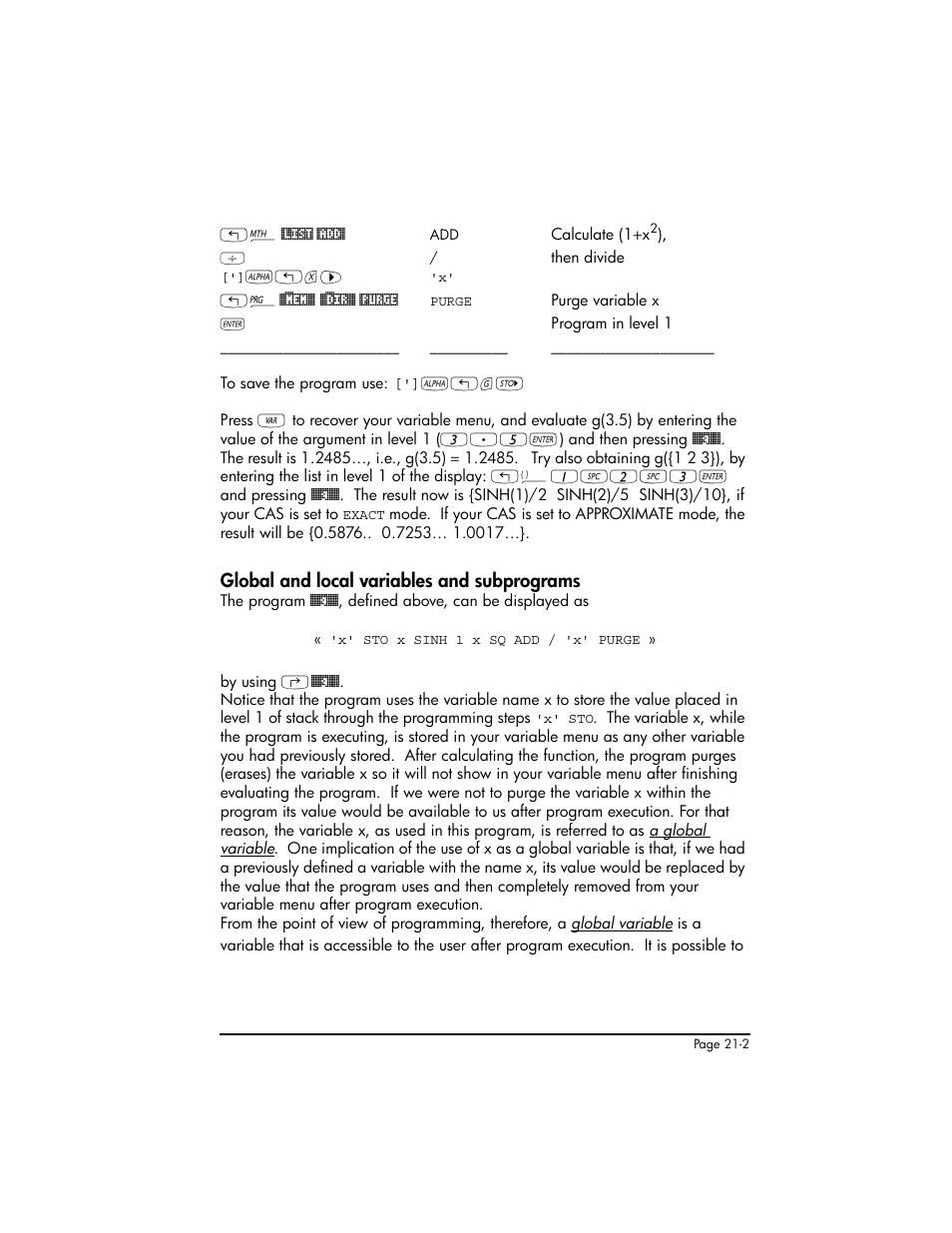 Global and local variables and subprograms, Global and local variables and subprograms ,21-2 | HP 50g Graphing Calculator User Manual | Page 649 / 887