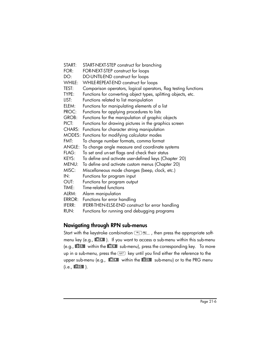 Navigating through rpn sub-menus, Navigating through rpn sub-menus ,21-6 | HP 50g Graphing Calculator User Manual | Page 653 / 887