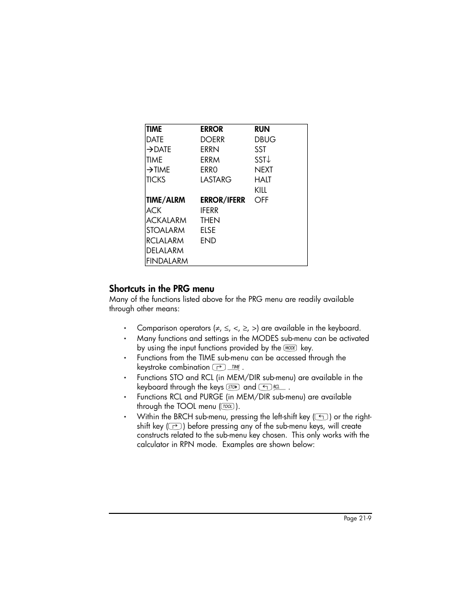 Shortcuts in the prg menu, Shortcuts in the prg menu ,21-9 | HP 50g Graphing Calculator User Manual | Page 656 / 887