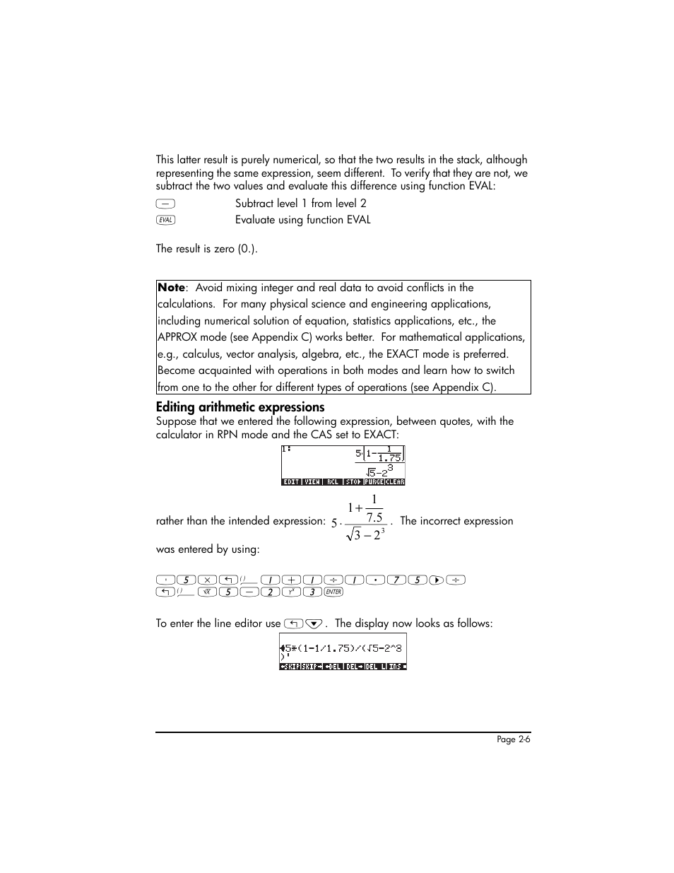 Editing arithmetic expressions, Editing arithmetic expressions ,2-6 | HP 50g Graphing Calculator User Manual | Page 66 / 887