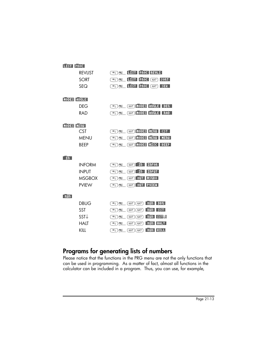 Programs for generating lists of numbers, Programs for generating lists of numbers ,21-13 | HP 50g Graphing Calculator User Manual | Page 660 / 887