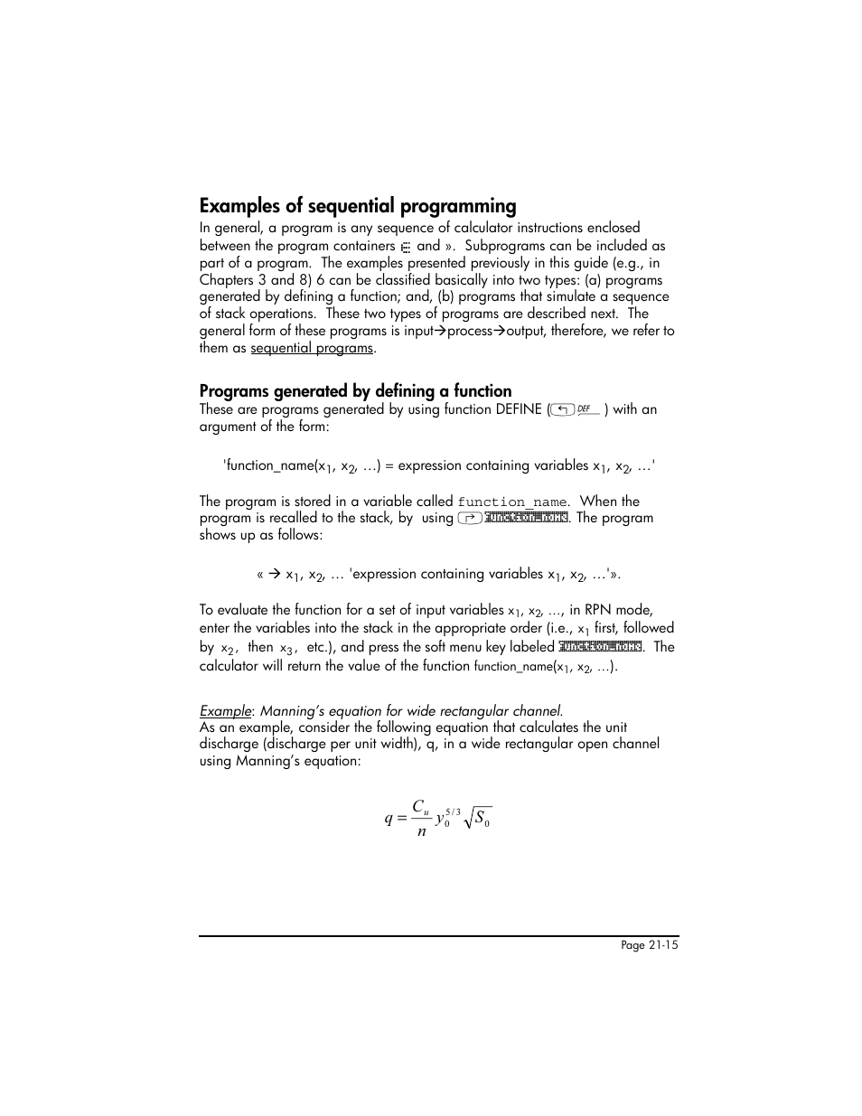 Examples of sequential programming, Programs generated by defining a function, Examples of sequential programming ,21-15 | Programs generated by defining a function ,21-15, Sy n c q | HP 50g Graphing Calculator User Manual | Page 662 / 887
