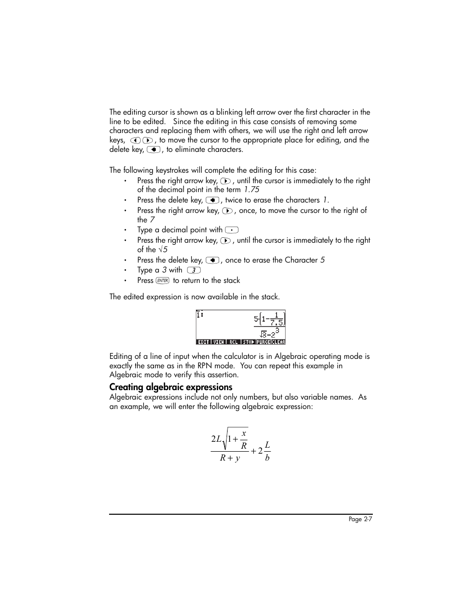 Creating algebraic expressions, Creating algebraic expressions ,2-7 | HP 50g Graphing Calculator User Manual | Page 67 / 887