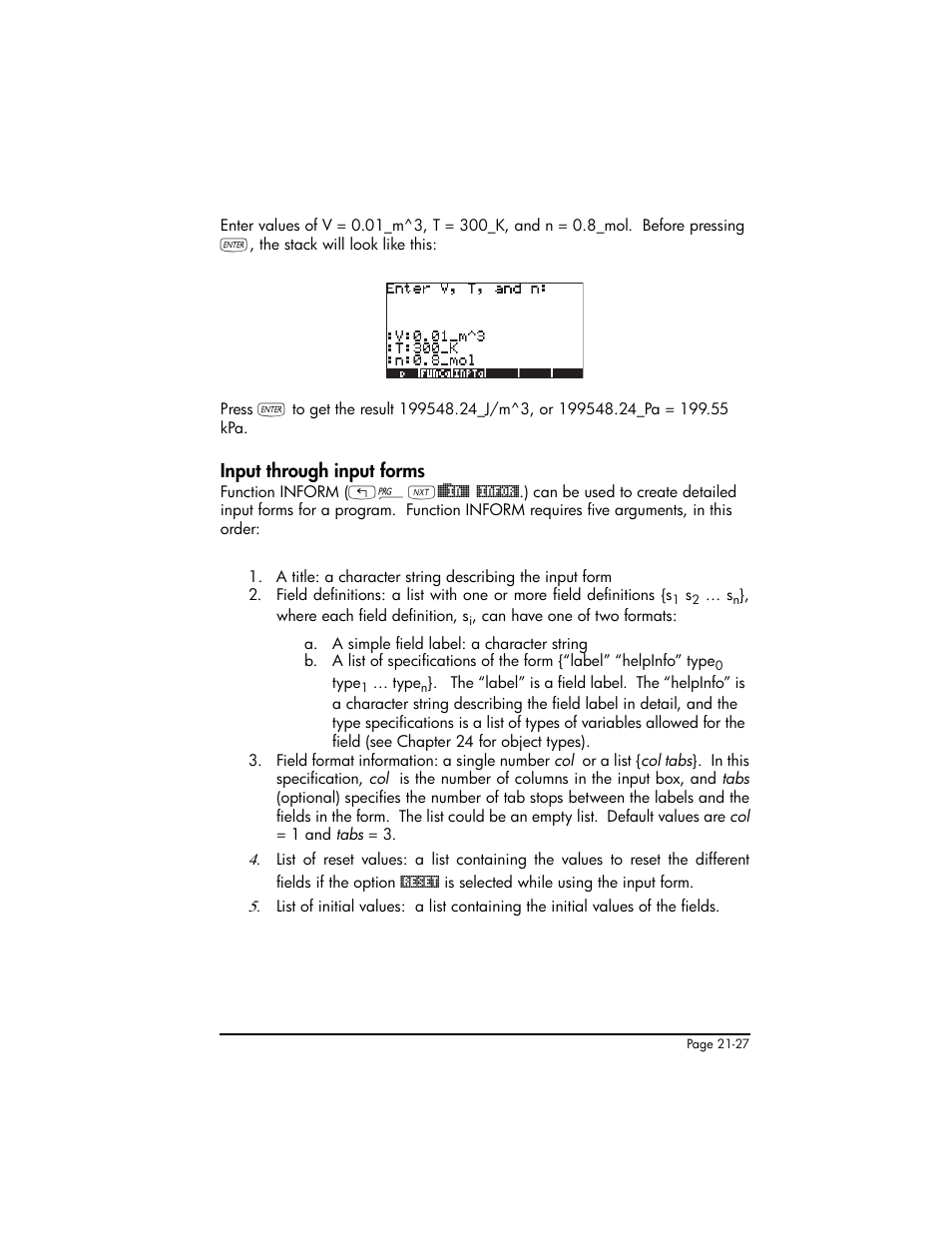 Input through input forms, Input through input forms ,21-27 | HP 50g Graphing Calculator User Manual | Page 674 / 887