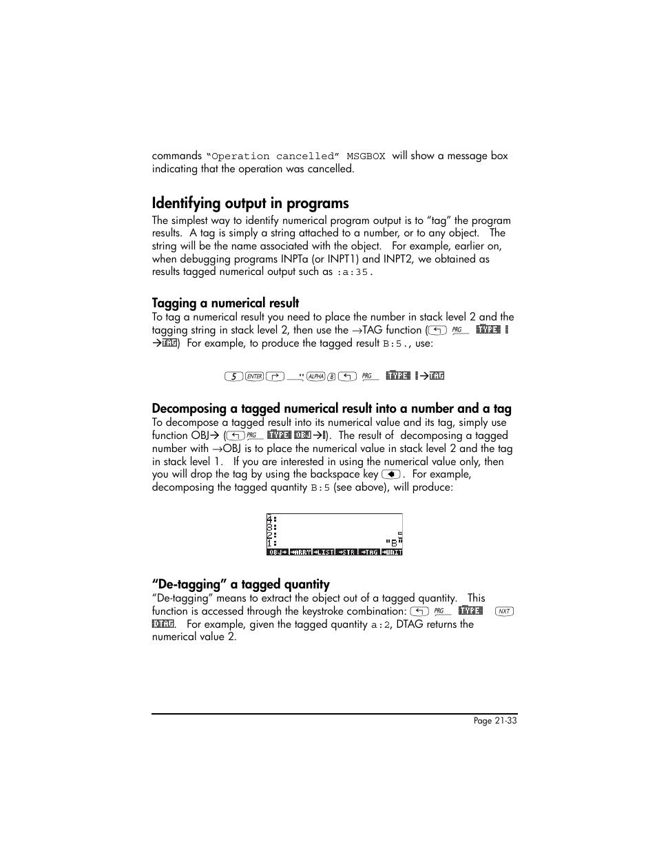 Identifying output in programs, Tagging a numerical result, De-tagging” a tagged quantity | Identifying output in programs ,21-33, De-tagging” a tagged quantity ,21-33 | HP 50g Graphing Calculator User Manual | Page 680 / 887