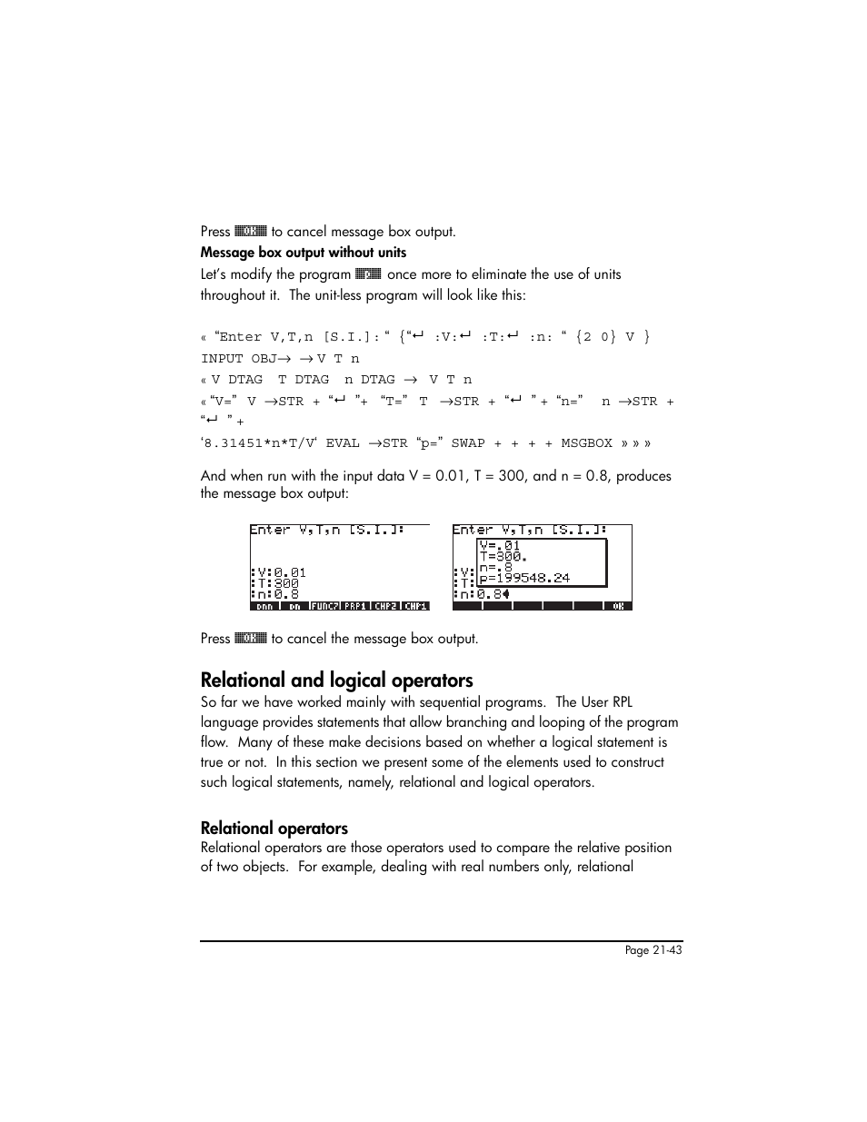Relational and logical operators, Relational operators, Relational and logical operators ,21-43 | Relational operators ,21-43 | HP 50g Graphing Calculator User Manual | Page 690 / 887
