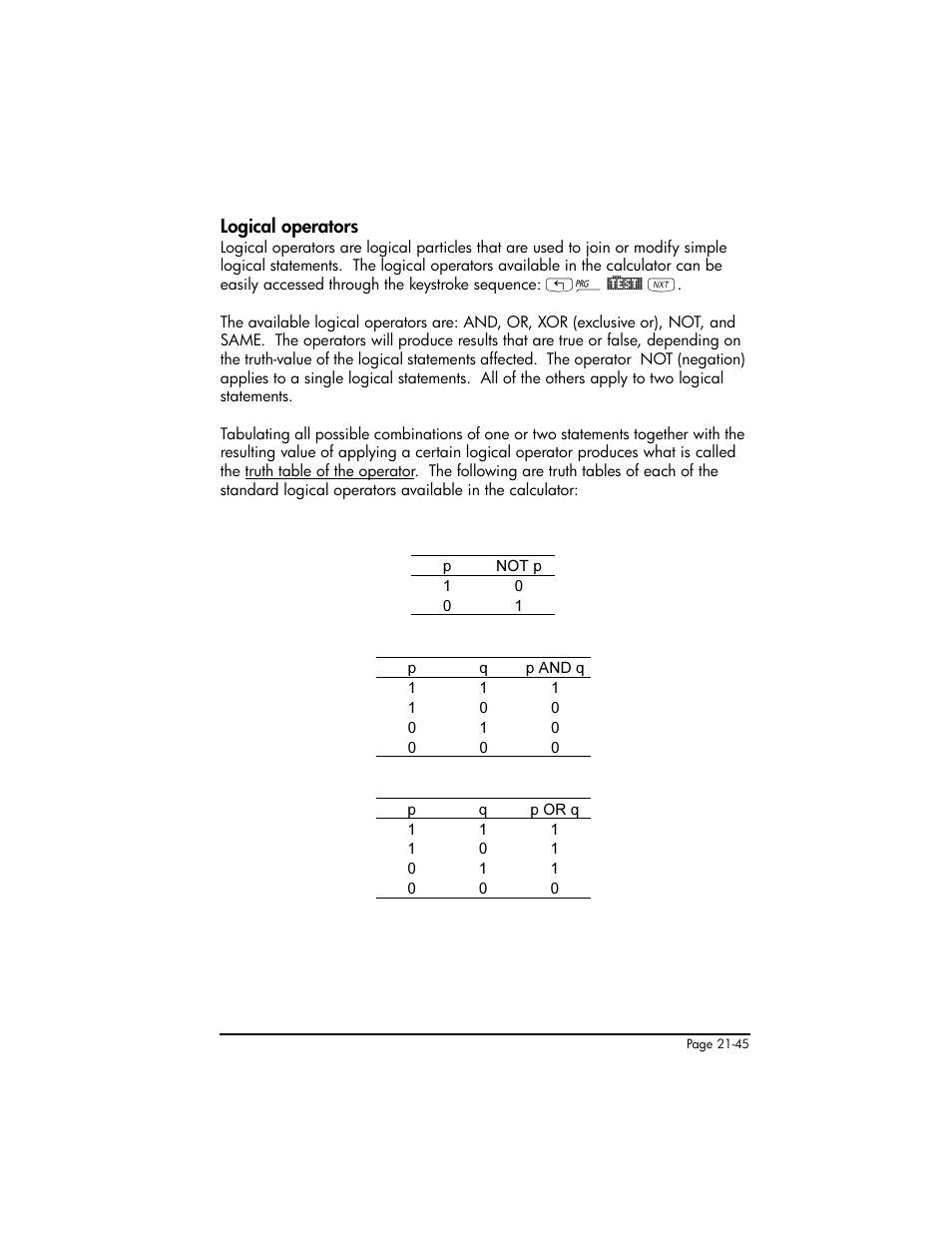 Logical operators, Logical operators ,21-45 | HP 50g Graphing Calculator User Manual | Page 692 / 887