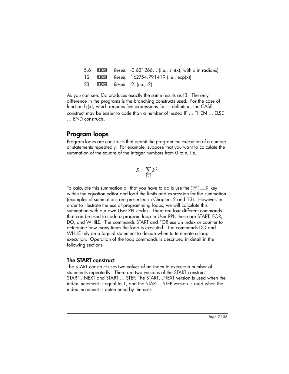 Program loops, The start construct, Program loops ,21-53 | The start construct ,21-53 | HP 50g Graphing Calculator User Manual | Page 700 / 887