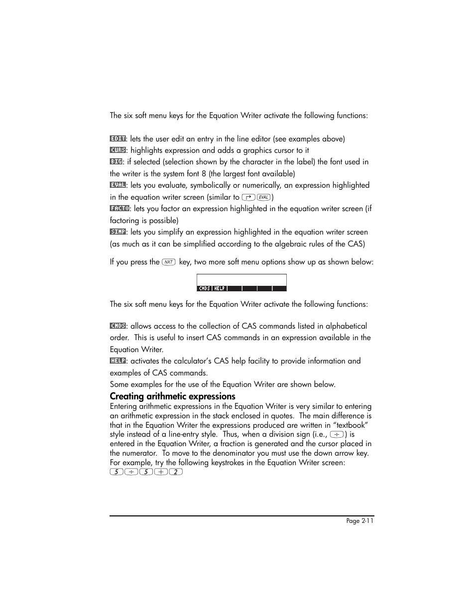 Creating arithmetic expressions, Creating arithmetic expressions ,2-11 | HP 50g Graphing Calculator User Manual | Page 71 / 887