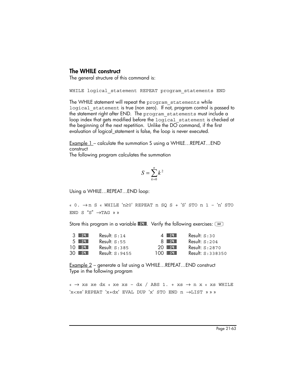 The while construct, The while construct ,21-63 | HP 50g Graphing Calculator User Manual | Page 710 / 887