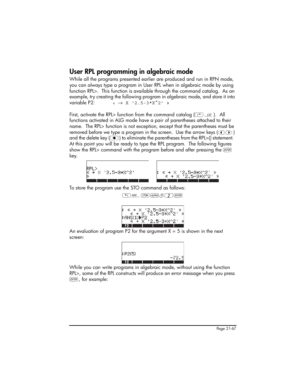 User rpl programming in algebraic mode, User rpl programming in algebraic mode ,21-67 | HP 50g Graphing Calculator User Manual | Page 714 / 887