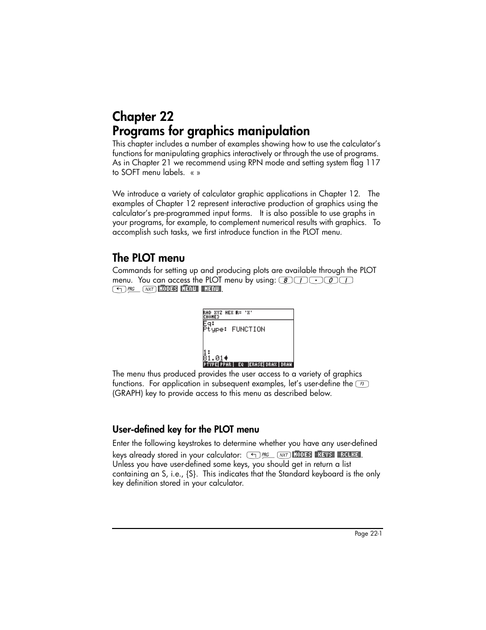 Chapter 22 programs for graphics manipulation, The plot menu, User-defined key for the plot menu | The plot menu ,22-1, User-defined key for the plot menu ,22-1 | HP 50g Graphing Calculator User Manual | Page 716 / 887