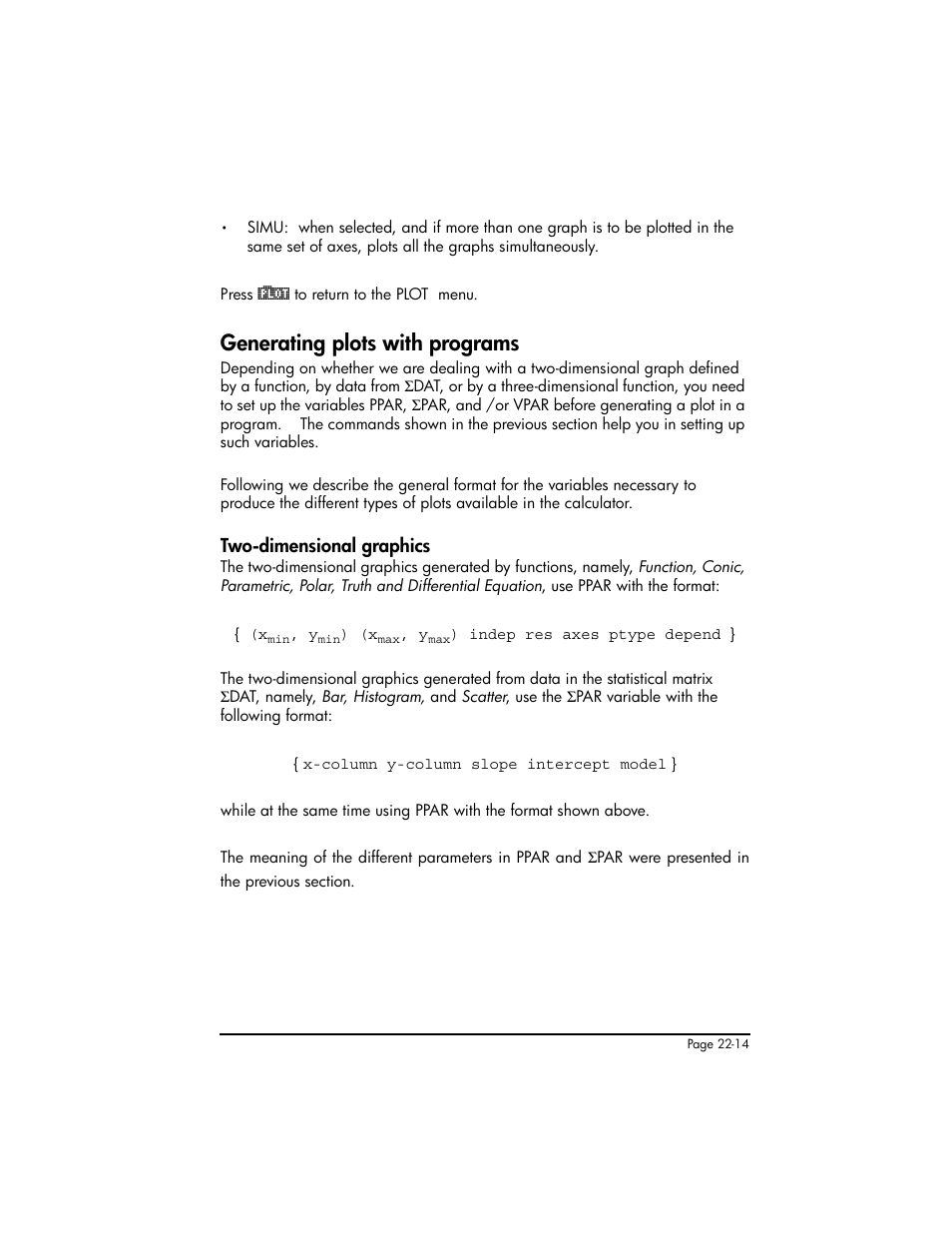 Generating plots with programs, Two-dimensional graphics, Generating plots with programs ,22-14 | Two-dimensional graphics ,22-14 | HP 50g Graphing Calculator User Manual | Page 729 / 887
