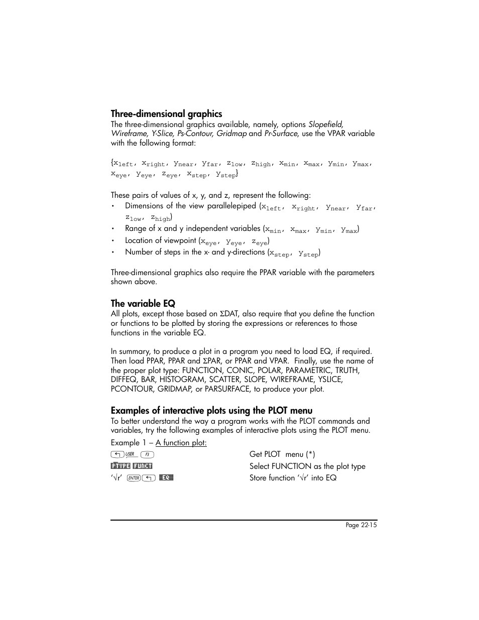 Three-dimensional graphics, The variable eq, Examples of interactive plots using the plot menu | HP 50g Graphing Calculator User Manual | Page 730 / 887