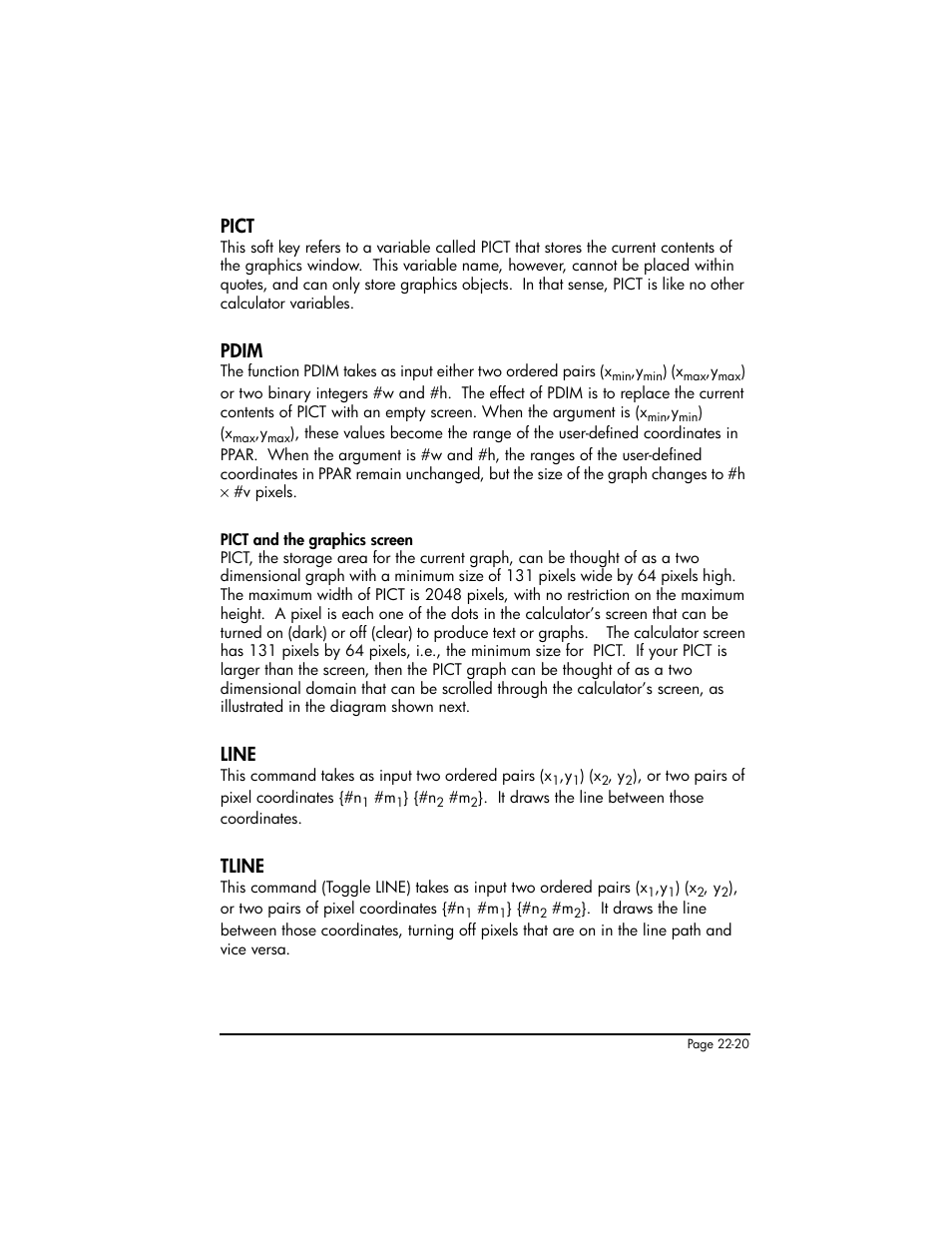 Pict, Pdim, Line | Tline, Pict ,22-20 pdim ,22-20 line ,22-20 tline ,22-20 | HP 50g Graphing Calculator User Manual | Page 735 / 887