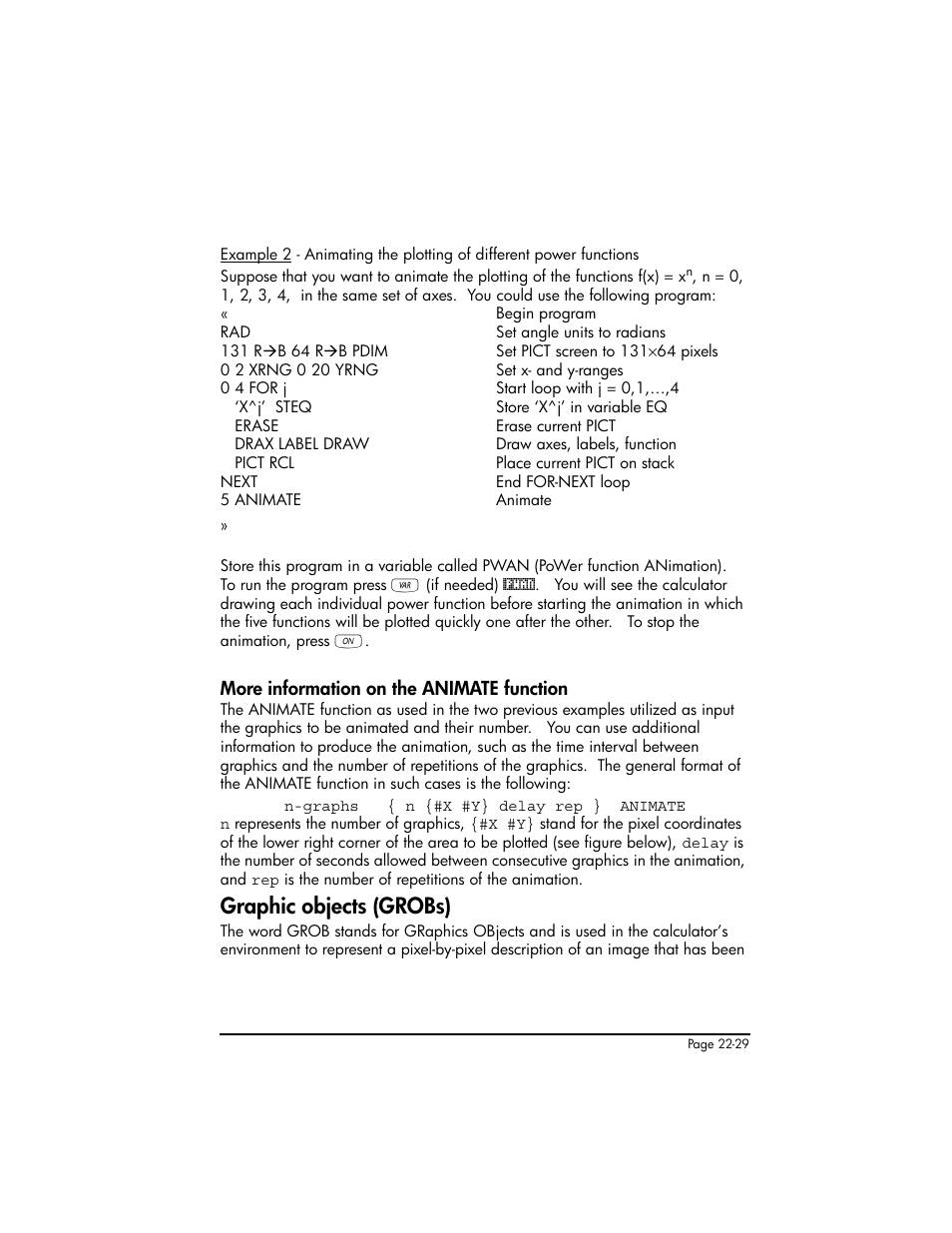 More information on the animate function, Graphic objects (grobs), More information on the animate function ,22-29 | Graphic objects (grobs) ,22-29 | HP 50g Graphing Calculator User Manual | Page 744 / 887
