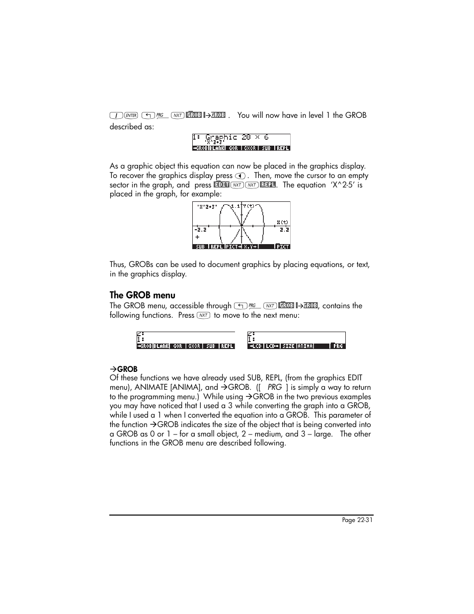 The grob menu, The grob menu ,22-31 | HP 50g Graphing Calculator User Manual | Page 746 / 887