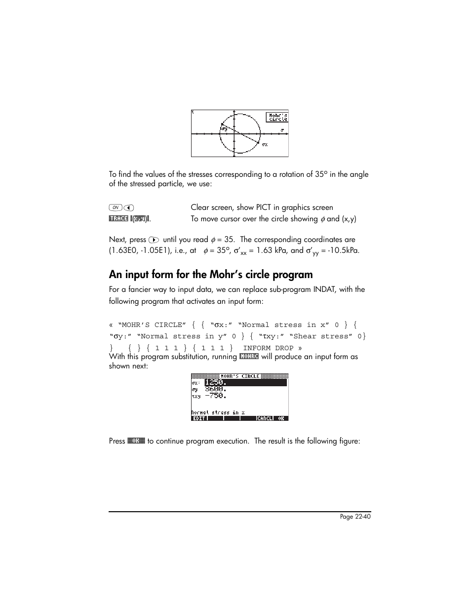 An input form for the mohr’s circle program, An input form for the mohr’s circle program ,22-40 | HP 50g Graphing Calculator User Manual | Page 755 / 887